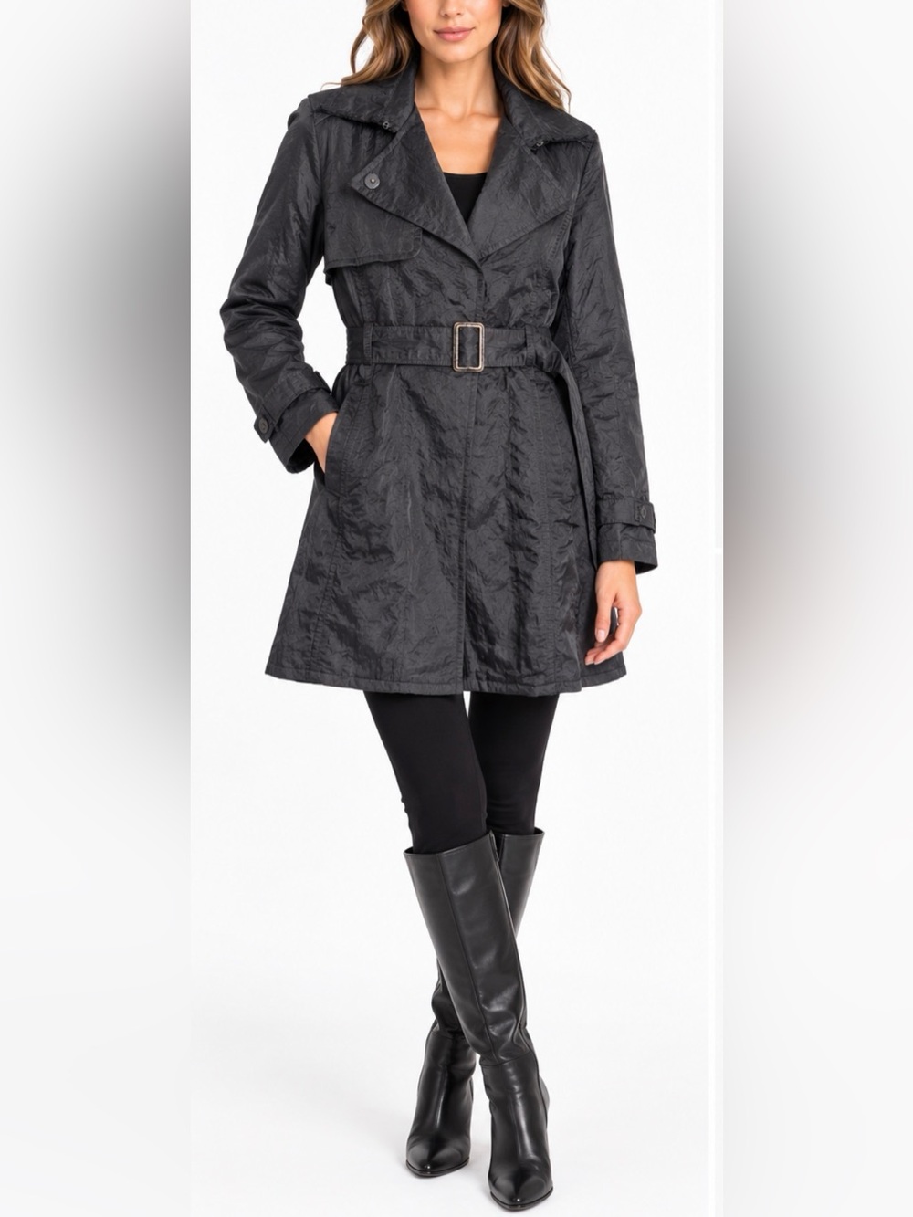 Elizabeth and James Crinkled Nylon Frayed Dakotah Belt Rain Jacket Trench Coat S